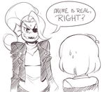  ambiguous_gender black_and_white blush clothing duo english_text eye_patch eyewear female fish hair human jacket knuckletraincomics mammal marine monochrome monster open_mouth protagonist_(undertale) sharp_teeth speech_bubble sweat teeth text undertale undyne 