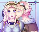  1girl armor blonde_hair blue_eyes blush boobplate breastplate cheek_kiss ezreal goggles goggles_on_head heart kiss league_of_legends luxanna_crownguard open_mouth otakupotato surprised 