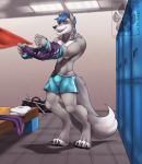  anthro bulge canid canine canis clothed clothing coldesthands eyebrow_piercing facial_piercing locker_room male mammal open_mouth piercing smile solo standing watermark wolf 