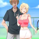  1girl :d :p ahoge baby_steps blonde_hair breasts brown_eyes character_request cheating collared_shirt fence hair_between_eyes hand_on_another's_shoulder hand_on_hip hetero large_breasts midriff navel netorare open_mouth racket shirt shorts skirt smile special_g_(spg) takasaki_natsu tank_top tennis_racket tongue tongue_out wristband 