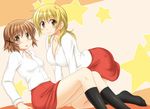  blonde_hair blush breasts brown_eyes brown_hair cleavage hidamari_sketch large_breasts long_hair looking_at_viewer medium_breasts miyako multiple_girls short_hair skirt star utomo yellow_eyes yuno 