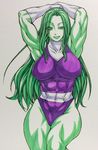  abs arms_behind_head breasts chiba_toshirou gloves green_eyes green_hair green_skin jennifer_walters large_breasts leotard long_hair marker_(medium) marvel muscle muscular_female purple_leotard she-hulk skin_tight smile solo traditional_media turtleneck white_gloves 