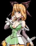  black_background bow breasts cleavage dress earring earrings female fingerless_gloves gloves green_eyes growlanser growlanser_iv growlanser_iv:_over_reloaded hair_bow hairbow jewelry large_breasts orange_hair simple_background solo tricia_(growlanser) urushihara_satoshi 