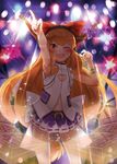  ;d arm_up blush bow bracelet brown_eyes hair_bow hair_ribbon headset heart_cutout holographic_keyboard horns ibuki_suika jewelry large_bow long_hair looking_at_viewer low-tied_long_hair navel nishiuri one_eye_closed open_mouth orange_hair pointing pointing_up ribbon ribbon-trimmed_skirt ribbon_trim skirt slit_pupils smile solo stage stage_lights touhou tress_ribbon very_long_hair 