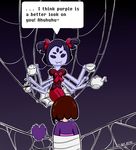  &lt;3 7-bithero ambiguous_gender anthro arachnid arthropod black_eyes black_hair brown_hair dialogue duo_focus english_text fangs female feral grey_skin group hair hair_bow human mammal muffet multi_limb multiple_eyes noseless protagonist_(undertale) sitting smile speech_bubble spider spider_web tea_cup tea_pot text undertale 