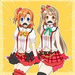  blue_eyes bokura_wa_ima_no_naka_de breasts brown_eyes brown_hair fake_facial_hair fake_mustache fingerless_gloves gloves kousaka_honoka long_hair love_live! love_live!_school_idol_project medium_breasts minami_kotori multiple_girls navel orange_hair skirt small_breasts utomo 