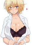  :&lt; baby_steps black_bra blonde_hair blush bra breasts brown_eyes cleavage dress_shirt heart large_breasts looking_at_viewer shirt short_hair simple_background solo special_g_(spg) takasaki_natsu underwear white_background wristband 