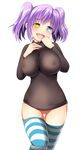  :d blue_eyes blush bottomless breast_squeeze breasts heterochromia large_breasts no_bra open_mouth original purple_hair see-through short_hair smile solo striped striped_legwear thigh_gap thighhighs twintails whitemoor yellow_eyes 