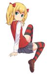  blonde_hair bow cardigan green_eyes hair_bow hinomiya_niho jito looking_back school_girl_strikers sitting skirt solo striped striped_legwear thighhighs two_side_up 