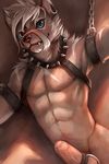  2015 abs anthro balls bdsm bondage bound canine chain cheetahpaws cock_ring fur grey_hair hair looking_at_viewer male mammal muscular muzzle_(object) muzzled penis purple_eyes simple_background solo tan_fur uncut wolf 