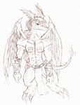  2009 anthro barefoot claws clothed clothing dragon fan_character feathers legendz male monochrome muscular roark scales scalie sketch solo tigerlilylucky toe_claws traditional_media_(artwork) wings 