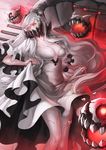  breasts cleavage covered_mouth cowboy_shot dress glowing glowing_eyes horns kantai_collection large_breasts long_hair looking_at_viewer looking_to_the_side midway_hime orange_eyes shinkaisei-kan skirt_hold solo sturmjager veins very_long_hair white_dress white_hair white_skin 