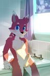  anthro balls bathroom blue_eyes blush canine cat chest_tuft erection feline fox fur harusuke humanoid_penis looking_at_viewer male mammal nude penis ponytail red_fur sitting solo teenager tuft uncensored uncut white_fur window young 