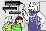  2015 asriel_dreemurr black_sclera brown_hair caprine clothing english_text fur goat hair hand_holding horn human long_ears mammal monster mother mother_and_son parent protagonist_(undertale) robe son text tongue toriel undertale unknown_artist white_fur 