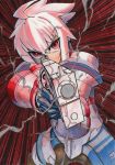  1boy ahoge aiming_at_viewer armor character_request copyright_request gloves gun handgun holding holding_gun holding_weapon legs_apart male_focus pink_hair pouch red_eyes reiesu_(reis) revolver serious solo speed_lines standing weapon 