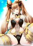  animal_ears blonde_hair blue_sky breasts cloud covered_navel erune granblue_fantasy hair_ornament head_tilt large_breasts light_brown_hair long_hair long_sleeves looking_at_viewer metera_(granblue_fantasy) mole mole_under_mouth navel partially_visible_vulva revealing_clothes see-through sitting sky smile solo spread_legs tekehiro thighhighs tongue tongue_out twintails very_long_hair 