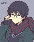  adjusting_eyewear bespectacled black_hair blue_background fingerless_gloves funikurikurara glasses glasses_day gloves green_eyes kyoukai_no_kanata male_focus nase_hiroomi scarf school_uniform simple_background smile solo upper_body 