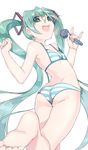  \m/ ass bad_id bad_pixiv_id barefoot bikini feet flat_chest from_behind green_eyes green_hair hatsune_miku hmniao long_hair looking_back microphone nail_polish open_mouth simple_background soles solo striped striped_bikini swimsuit toes twintails very_long_hair vocaloid white_background 