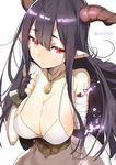  antenna_hair bandaged_arm bandages black_gloves black_hair blush breasts cleavage danua draph dress fingerless_gloves gloves granblue_fantasy hair_between_eyes highres horns jewelry large_breasts long_hair looking_at_viewer naitou_ryuu necklace pointy_ears red_eyes solo white_dress 