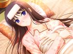  blue_eyes blush breasts cleavage embarrassed futon long_hair looking_at_viewer medium_breasts pajamas ryuuzouji_akane solo walkure_romanze 