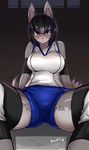  1girl angry black_hair blush breasts bunny buried_frog copyright_request furry large_breasts looking_at_viewer purple_eyes rabbit short_hair sitting solo sportswear 