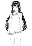  akemi_homura ass_visible_through_thighs bikini blush braid doku_sasori flat_chest glasses greyscale hairband long_hair looking_to_the_side mahou_shoujo_madoka_magica monochrome pussy solo standing swimsuit swimsuit_pull twintails 