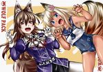  animal_ears ashigara_(kantai_collection) blonde_hair blouse blue_eyes breasts brown_eyes brown_hair commentary_request crop_top fangs flower gloves hair_flower hair_ornament hairband jacket kantai_collection long_hair medium_breasts multiple_girls open_mouth pantyhose remodel_(kantai_collection) ro-500_(kantai_collection) sailor_collar school_swimsuit skirt small_breasts smile swimsuit swimsuit_under_clothes tail tan wavy_hair white_legwear wolf_ears wolf_girl wolf_tail yuzu_momo 