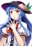 blue_hair bow doyagao e.o. finger_to_mouth fingernails food fruit hat hinanawi_tenshi lips long_hair looking_at_viewer peach puffy_short_sleeves puffy_sleeves red_eyes short_sleeves simple_background smirk smug solo touhou upper_body very_long_hair white_background 