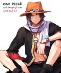  abs bush_hat compass hat male_focus one_piece portgas_d_ace scarf shorts sitting smile solo somemiya_suzume 
