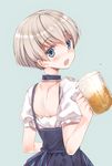  alcohol back beer beer_mug blue_eyes blush cup dirndl dress from_behind german_clothes holding holding_cup itou_nanami kantai_collection looking_at_viewer looking_back oktoberfest open_mouth short_hair silver_hair solo z1_leberecht_maass_(kantai_collection) 
