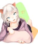  absurdres anastasia_(idolmaster) animal_ears bad_id bad_pixiv_id blue_eyes blurry breasts cat_ears depth_of_field fang highres hplay idolmaster idolmaster_cinderella_girls looking_at_viewer medium_breasts open_mouth short_hair silver_hair smile solo 