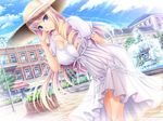  adjusting_hair arm_behind_back bangs bertille_althusser blonde_hair blue_eyes breasts building bush checkered checkered_floor city cleavage cloud day dress drill_hair flower fountain from_side game_cg hat hat_flower komori_kei lace lace-trimmed_dress lamppost large_breasts leaning_forward light_rays light_smile long_hair looking_at_viewer multicolored_hair outdoors pink_hair railing ribbon rose see-through_silhouette short_sleeves sidelocks sky smile solo standing straw_hat sunbeam sundress sunlight tile_floor tiles tree twin_drills two-tone_hair very_long_hair walkure_romanze water white_dress white_flower white_rose 