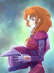  gloves gundam gundam_unicorn helmet holding holding_helmet kobo long_hair looking_at_viewer marida_cruz orange_hair pale_skin pilot_suit purple_eyes solo space star_(sky) 