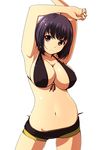  armpits arms_up bikini black_hair blush breasts cleavage cowboy_shot eyebrows_visible_through_hair front-tie_top highres large_breasts looking_at_viewer matsunaga_kouyou navel original red_eyes short_shorts shorts sideboob solo standing swimsuit underboob 