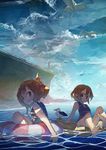  afloat aircraft airplane bird brown_eyes brown_hair cloud destroyer folded_ponytail hair_ornament hairclip ikazuchi_(kantai_collection) inazuma_(kantai_collection) kantai_collection lifebuoy long_hair military military_vehicle multiple_girls ocean one-piece_swimsuit open_mouth ph. school_swimsuit seagull ship short_hair sky smile swimsuit warship water watercraft 