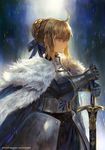  2015 ahoge armor artoria_pendragon_(all) blonde_hair blue_cape braid caliburn cape dated fate/zero fate_(series) french_braid green_eyes hand_on_hilt md5_mismatch saber short_hair solo sword weapon weed_(astarone) 