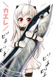  ahoge carrying commentary_request dress fish go_back! horns kantai_collection looking_at_viewer mitsuki_yuuya mittens northern_ocean_hime open_mouth orange_eyes pale_skin saury shinkaisei-kan solo translation_request white_dress white_hair 