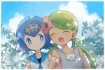  2girls blue_eyes blue_hair blush creatures_(company) eyes-closed flower game_freak green_hair hair_flower hair_ornament mao_(pokemon) mei_(maysroom) multiple_girls nintendo pokemon pokemon_(anime) pokemon_sm_(anime) suiren_(pokemon) 