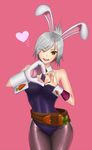  1girl animal_ears belt blink breasts bunny_ears bunnysuit carrot contrapposto detached_collar glove head_tilt heart league_of_legends necktie one_eye_closed open_mouth pantyhose riven_(league_of_legends) short_hair single_glove smile spandex vanquice white_hair wink wrist_cuffs yellow_eyes 