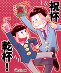  age_comparison beer_can blush can dotted_background drinking_straw dual_persona ebibom glass juice male_focus matsuno_osomatsu multiple_boys necktie osomatsu-kun osomatsu-san sextuplet_(osomatsu-kun) smile time_paradox twitter_username younger 