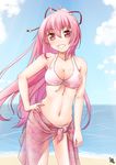  ayama_yuiya beach bikini day grin komine_shiro long_hair ouka_(komine_shiro) pink_hair red_eyes sarong smile solo standing swimsuit 