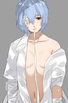  ayanami_rei bandage_over_one_eye blue_hair breasts cleavage dress_shirt eyepatch isshiki_(ffmania7) mouth_hold navel neon_genesis_evangelion off_shoulder open_clothes open_shirt red_eyes shirt short_hair simple_background small_breasts solo 