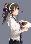 alternate_hairstyle apron ashigara_(kantai_collection) brown_eyes brown_hair curry food grey_background grin hairband heart holding holding_plate kantai_collection looking_at_viewer plate ponytail saji_(hk0405) simple_background smile solo 