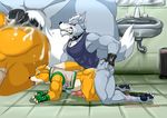  all_fours anal anal_penetration bathroom bottomless butt clothed clothing cum doggystyle fox_mccloud from_behind half-dressed hungothenomster male male/male muscular muscular_male nintendo partially_clothed penetration penis sex star_fox video_games wolf_o&#039;donnell 