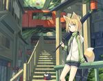  against_railing animal_ear_fluff animal_ears architecture bamboo blonde_hair blue_eyes closed_umbrella east_asian_architecture fox_ears fox_tail hood hoodie jacket kuroino_(poco) kuromitsu_nene lantern leaning_on_object light_rays momiji_(poko) multiple_girls original poco_(asahi_age) shiratama_kitsune shirt shorts speaker staff stairs sunbeam sunlight tail track_jacket tree umbrella 