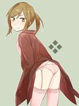  ass bad_id bad_pixiv_id blush brown_eyes brown_hair garter_belt hoshigaki_(kyuukp) japanese_clothes kimono leaning_forward looking_back panties pink_legwear pink_panties sekaiju_no_meikyuu sekaiju_no_meikyuu_3 shogun_(sekaiju) solo sweatdrop thighhighs underwear 