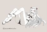  airfield_hime ankle_boots boots breasts covered_nipples horns kantai_collection leotard long_hair looking_at_viewer medium_breasts nanase_mizuho pale_skin red_eyes shinkaisei-kan smile solo twitter_username white_footwear white_hair white_skin 