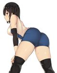  ass bare_shoulders bent_over black_hair blue_shorts blush buruma closed_mouth expressionless hand_on_own_knee kantai_collection kureha_(ironika) leaning_forward red_eyes shorts simple_background solo sportswear sweat takao_(kantai_collection) thighhighs volleyball_uniform white_background 