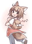  animal_ears backpack bag blush brown_eyes brown_hair fox_ears fox_tail looking_at_viewer looking_back ohitashi_netsurou short_hair sketch smile solo tail 