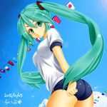  2015 adjusting_buruma adjusting_clothes artist_name ass buruma dated flags_of_all_nations green_eyes green_hair gym_uniform hatsune_miku long_hair looking_at_viewer runasion signature solo string_of_flags twintails very_long_hair vocaloid 